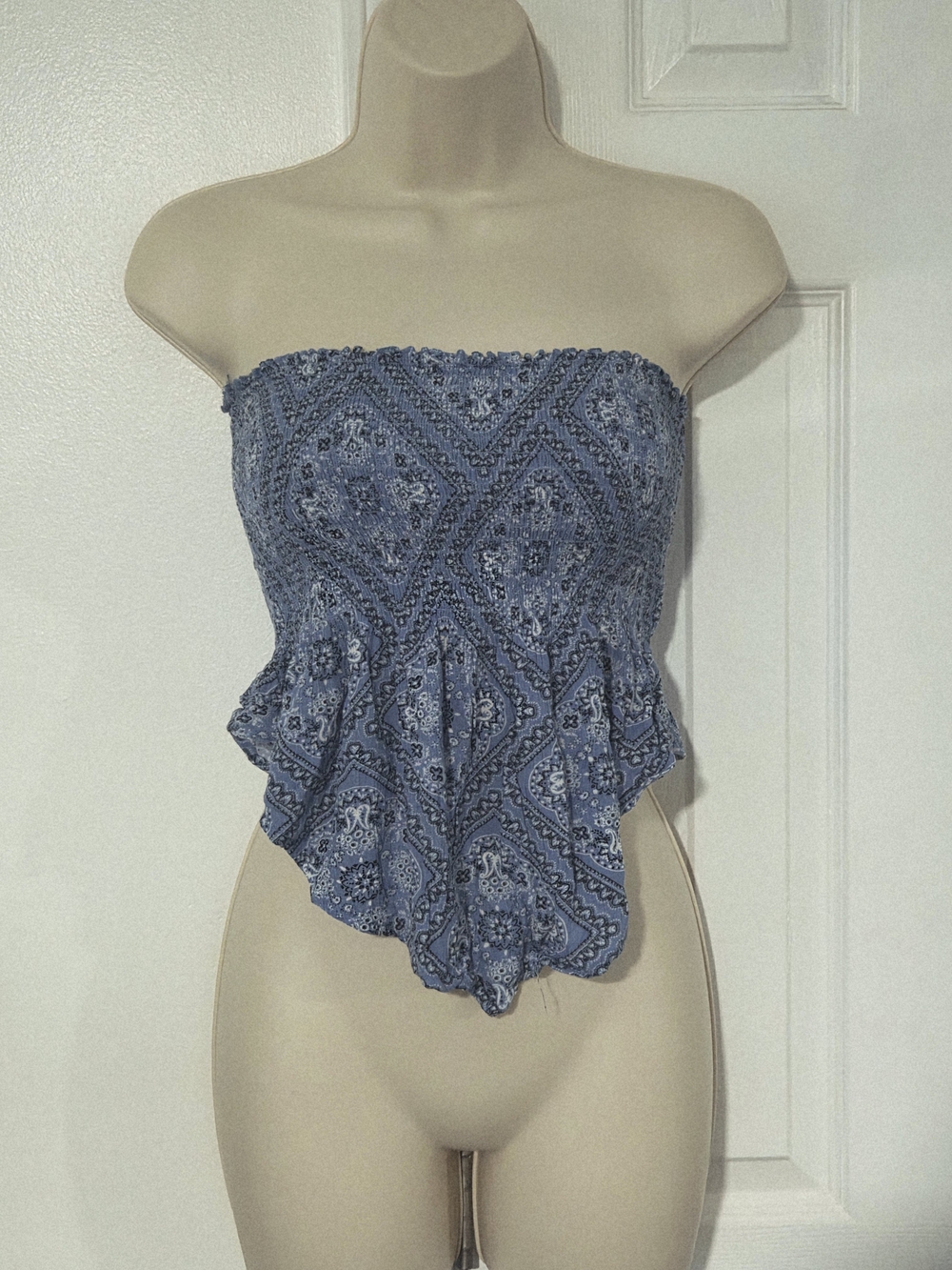 New Look Blue Paisley Smocked Strapless Peplum Camisole